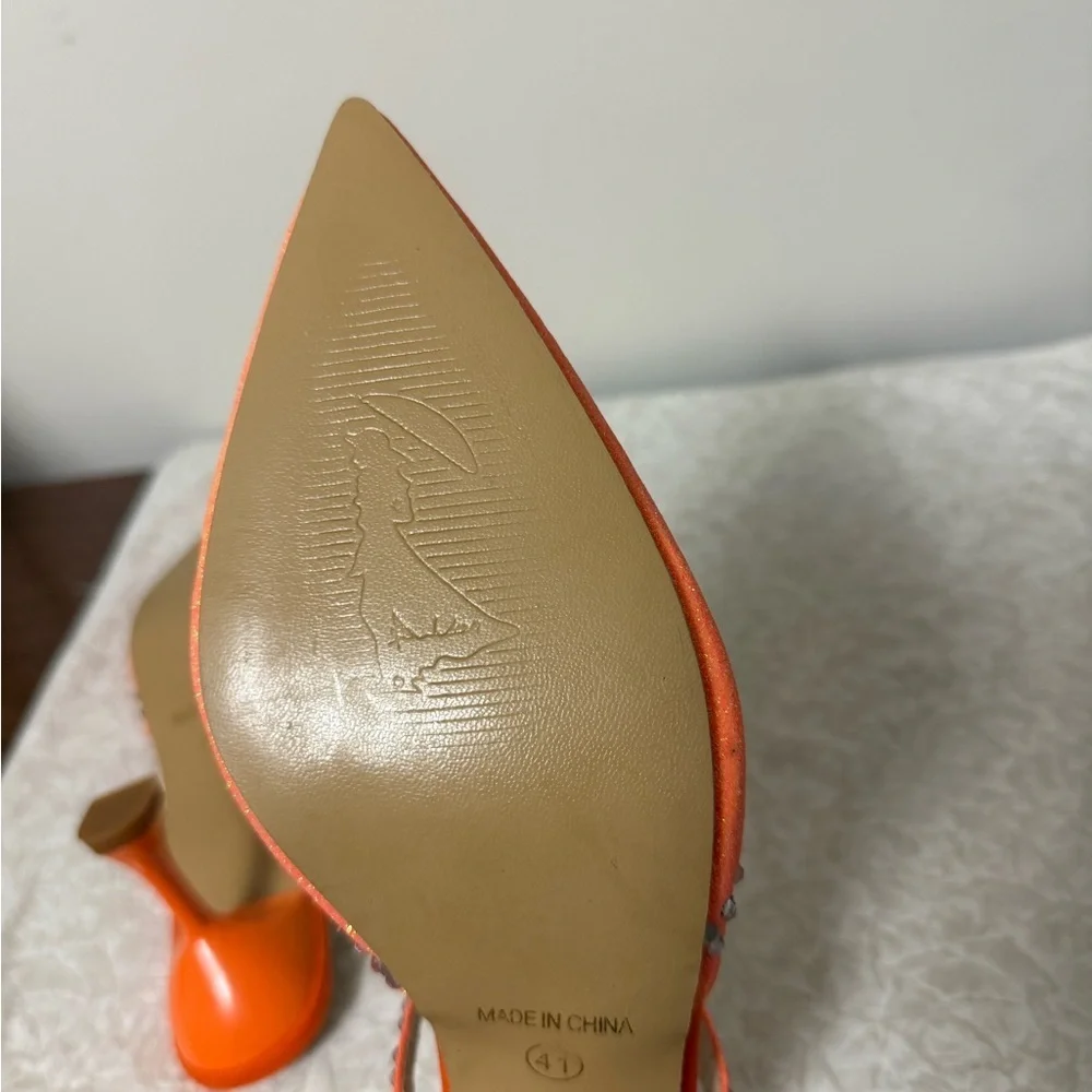 KNOCKOFF AMINA MUADDI Size 9.5 Orange Silver Glitter Mules Pumps Rhinestone Art